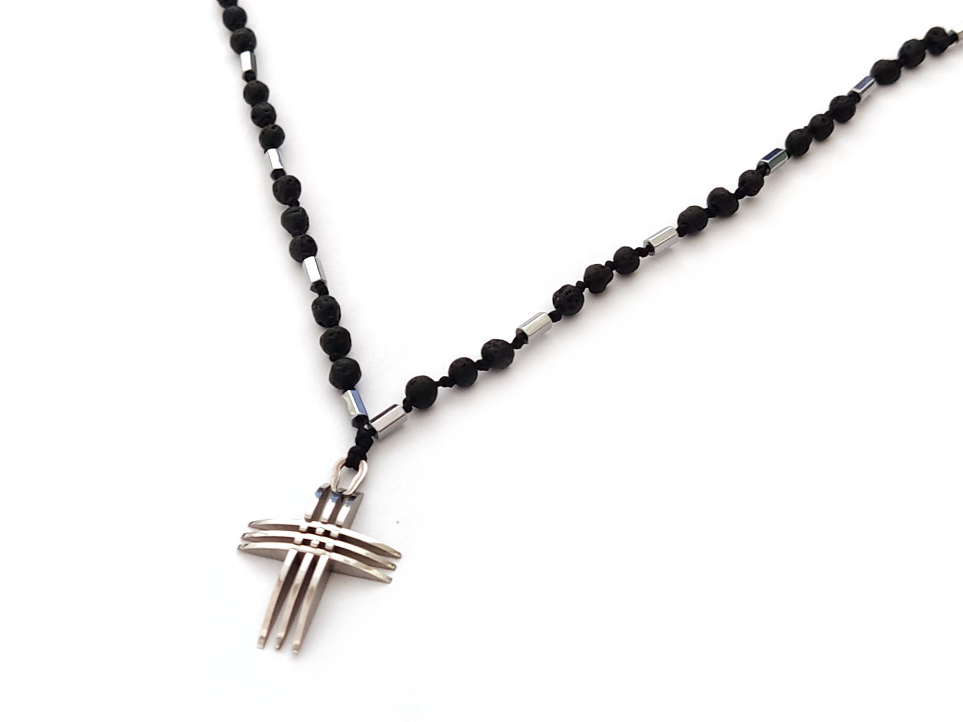 Greek necklace made of volcanic lava stones 4mm and hematite with a stainless steel modern cross .