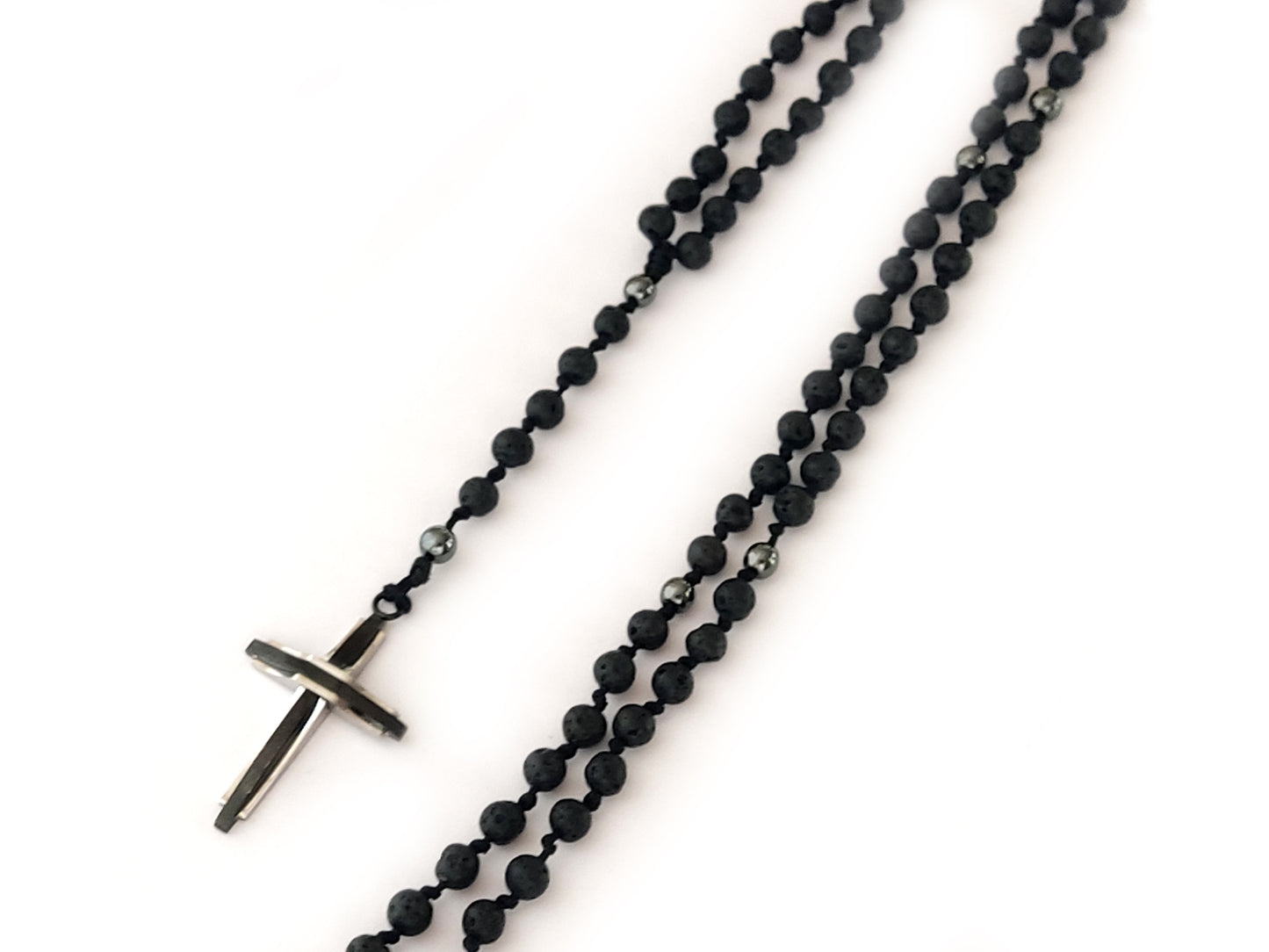 Handmade Rosary Necklace with Natural Black Lava and Hematite Stones | Stainless Steel Cross | Adjustable Length | Made in Greece