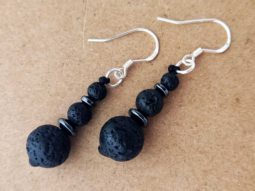 Triple Volcanic Lava Stones Dangle Silver Earrings from Greece