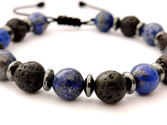 Greek volcanic lava and lapis lazuli AAA grade natural stones bracelet on white background.