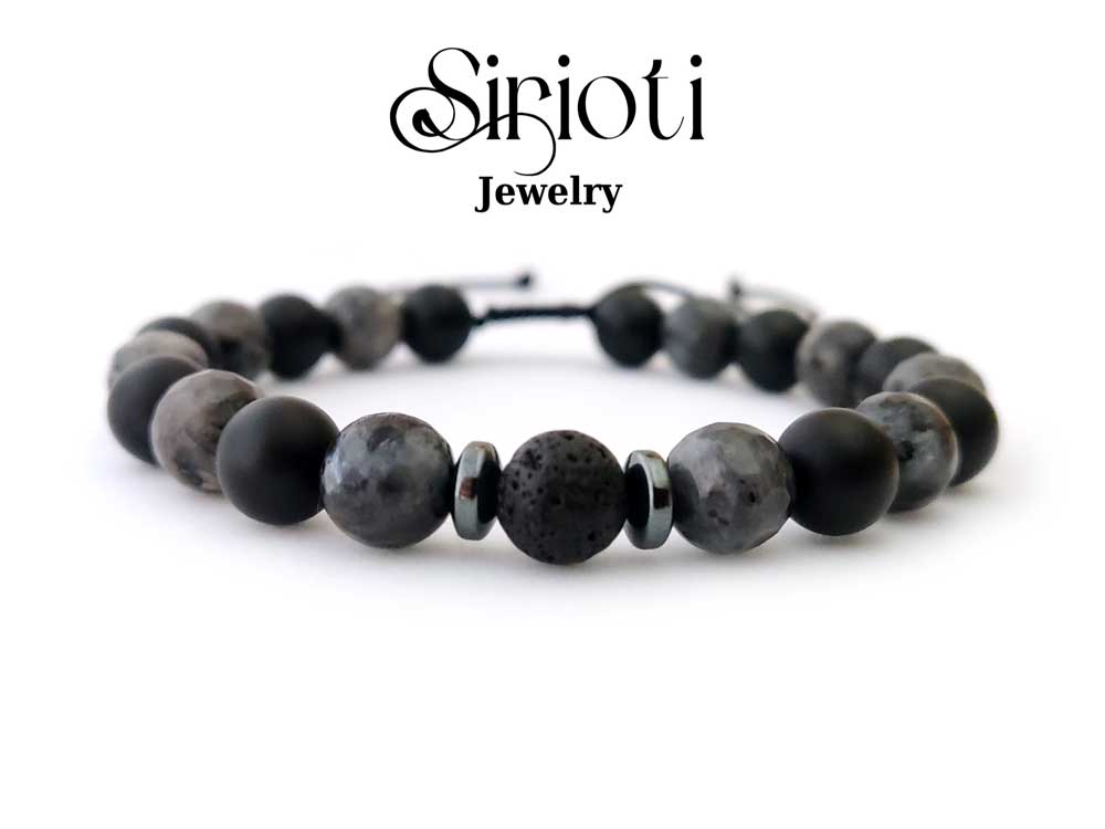 Handmade natural stone bracelet featuring lava, onyx, and larvikite stones - Adjustable length - Made in Greece - Free shipping