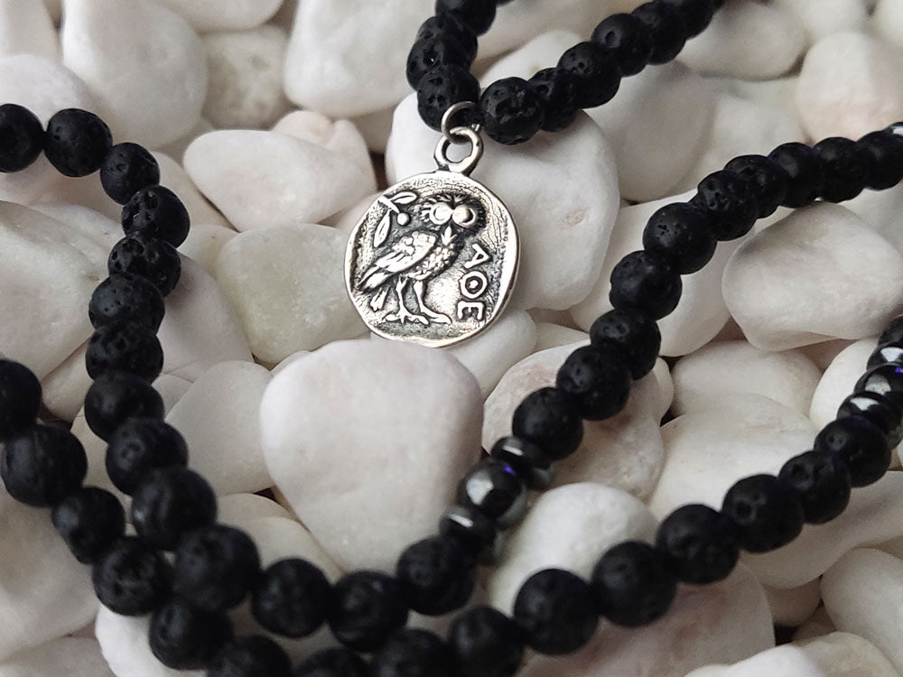 Greek necklace made with volcanic lava stones 4mm and sterling silver 925 pendant depicting a tetradrachm Greek coin with the owl and goddess Athena measuring 13mm. Free shipping included.