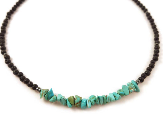 Close-up of Handmade Greek Necklace – A detailed view of the natural 4mm (0.16 inch) lava stones and raw turquoise nuggets, showcasing their unique textures and earthy tones.