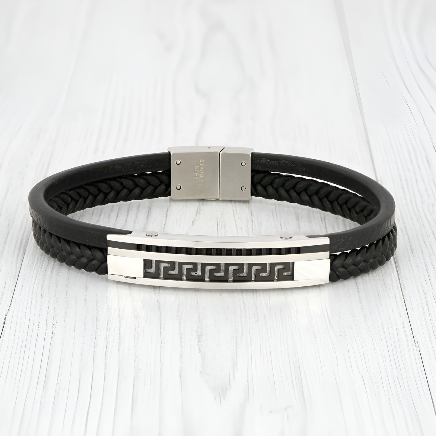 Stainless steel Greek Key Meander black leather bracelet made in Greece