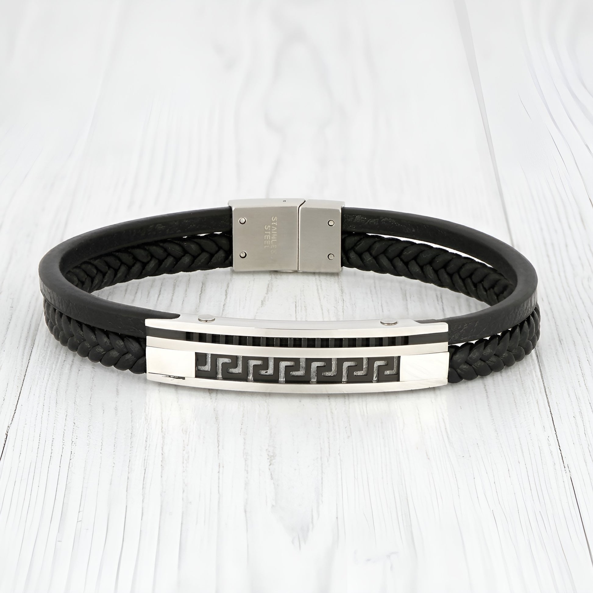 Stainless steel Greek Key Meander black leather bracelet made in Greece