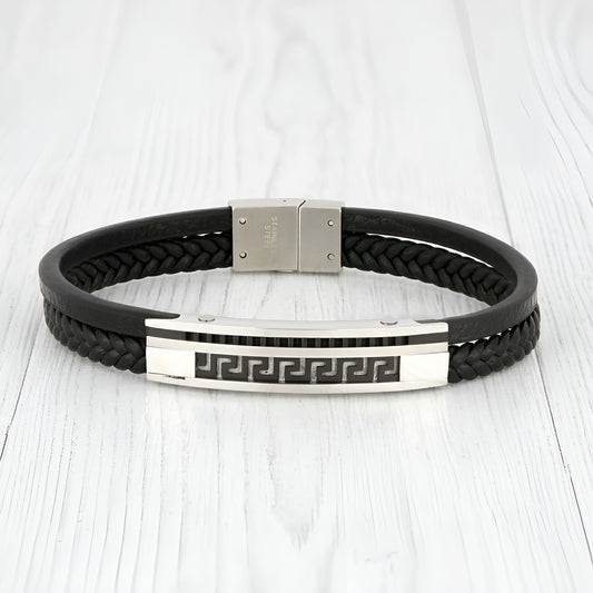 Stainless steel Greek Key Meander black leather bracelet made in Greece
