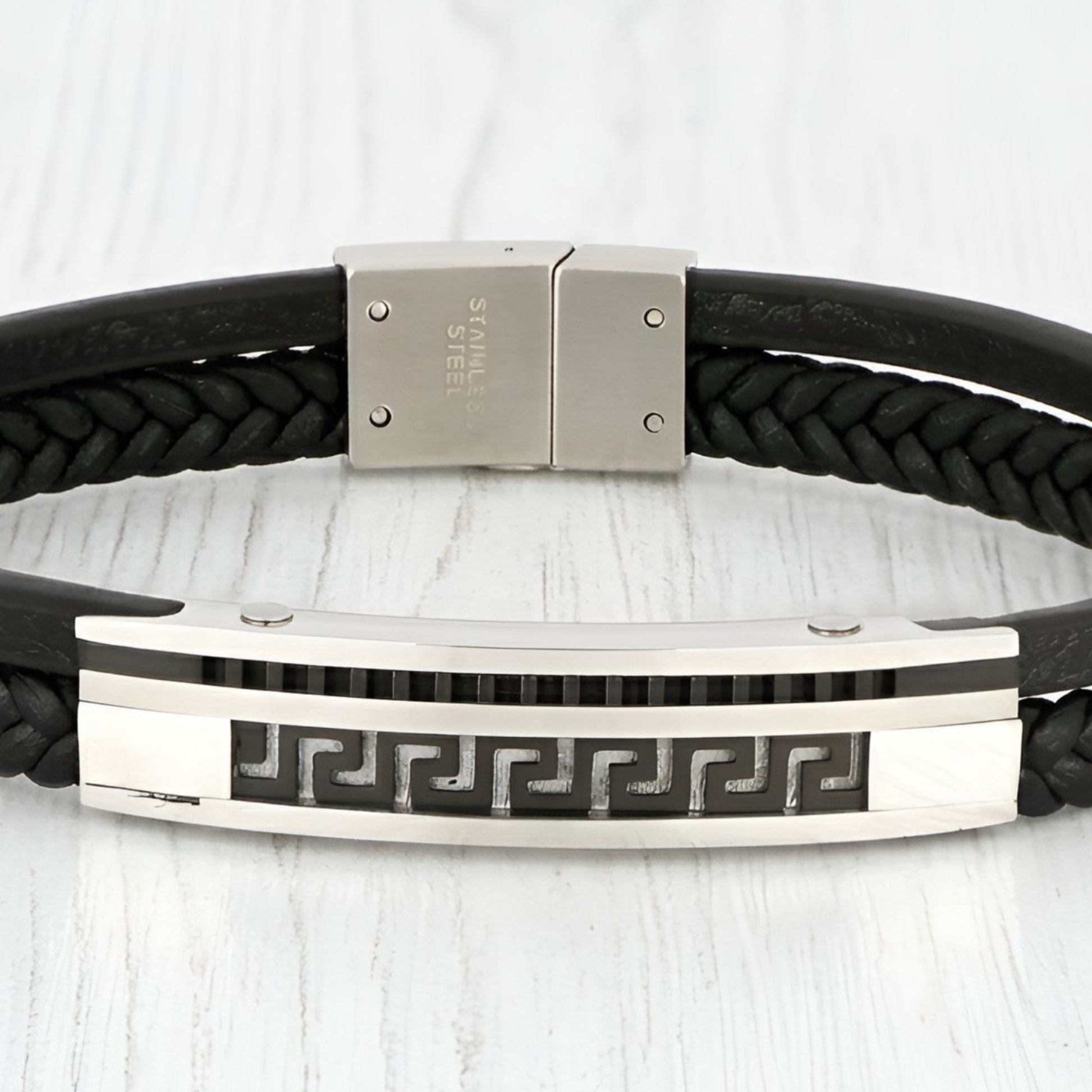 Greek Key bracelet with two strands of real black leather