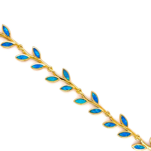 Sterling Silver 925 Gold Plated Olive Leaf Leaves Blue Opal Bracelet