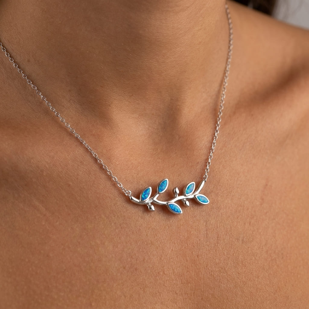 Greek olive leaf necklace with blue opal stones in sterling silver 925