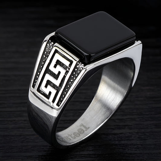 Greek Meander stainless steel ring with black onyx stone