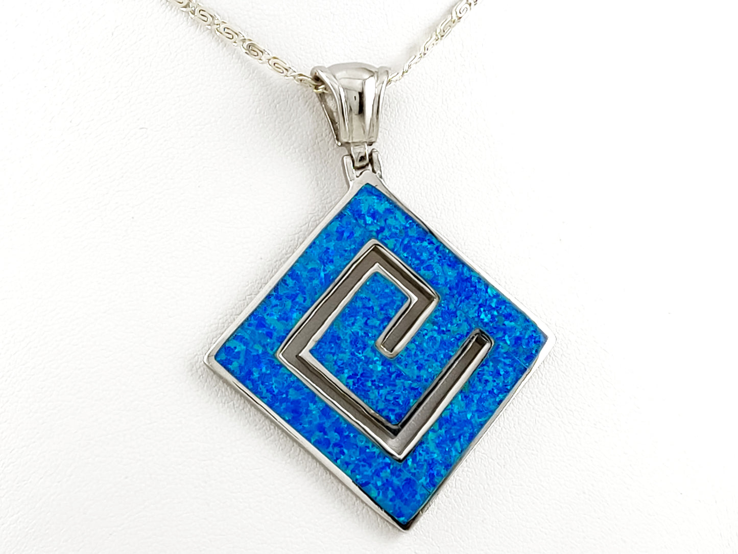 Greek Key Blue Opal Big Square Silver Pendant Necklace