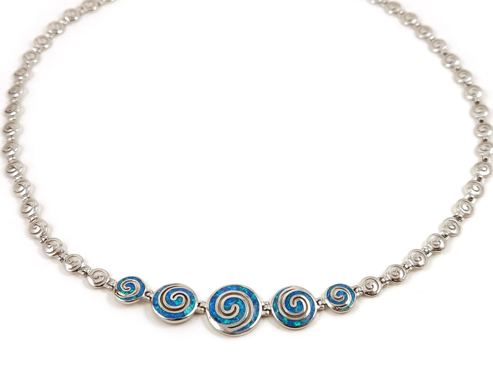 Griechische Spirale Blauer Opal Schrittweise Silber Halskette