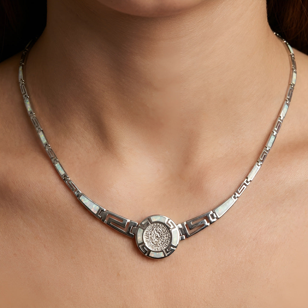 White opal Phaistos disc pendant close up