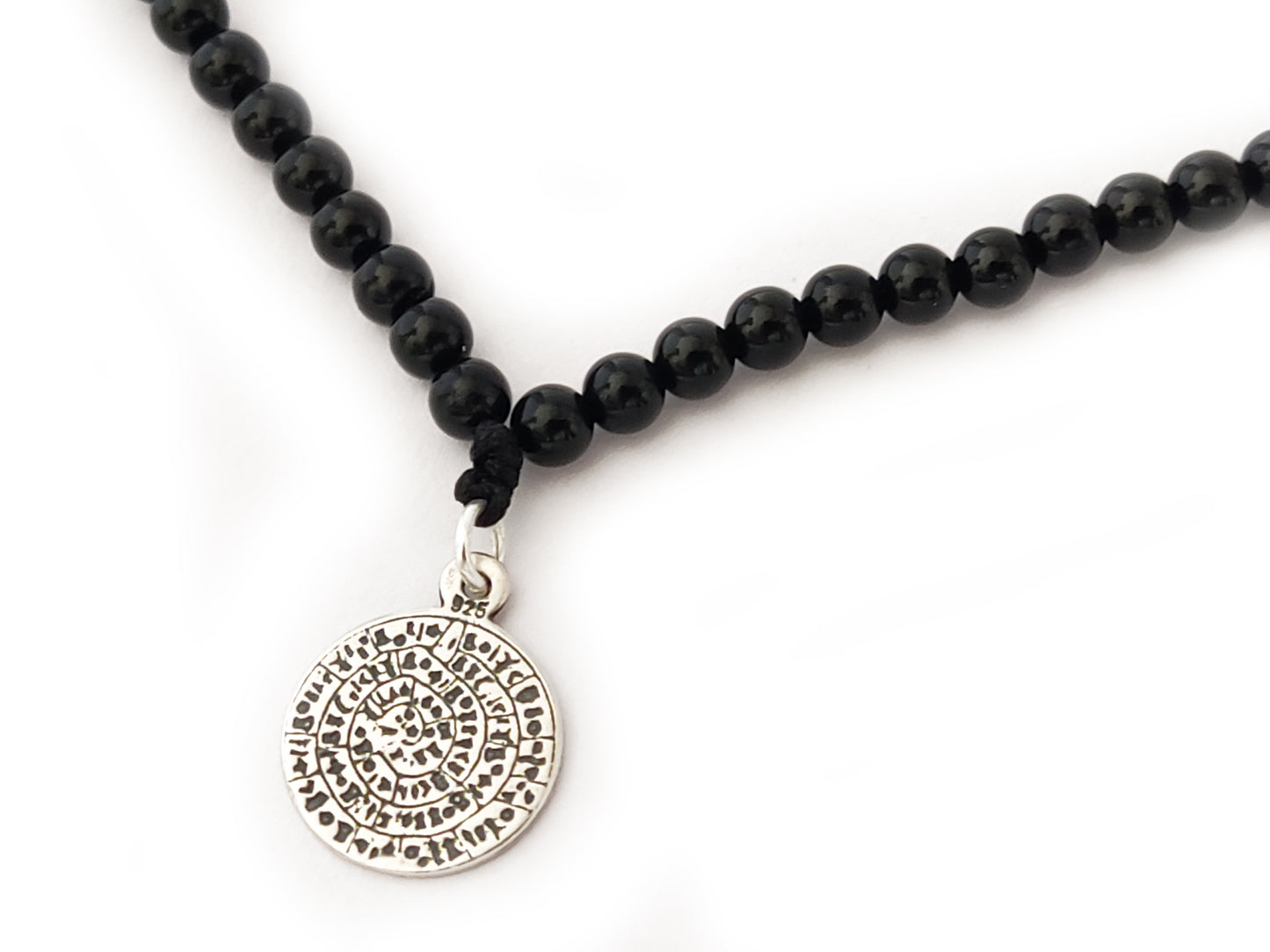 Phaistos Disc silver 925 pendant with natural black onyx stones 4mm. Handmade jewelry from Greece.