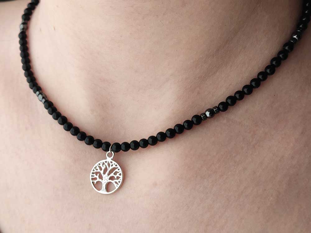 Onyx Necklace & Silver 925 Tree Of Life Pendant
