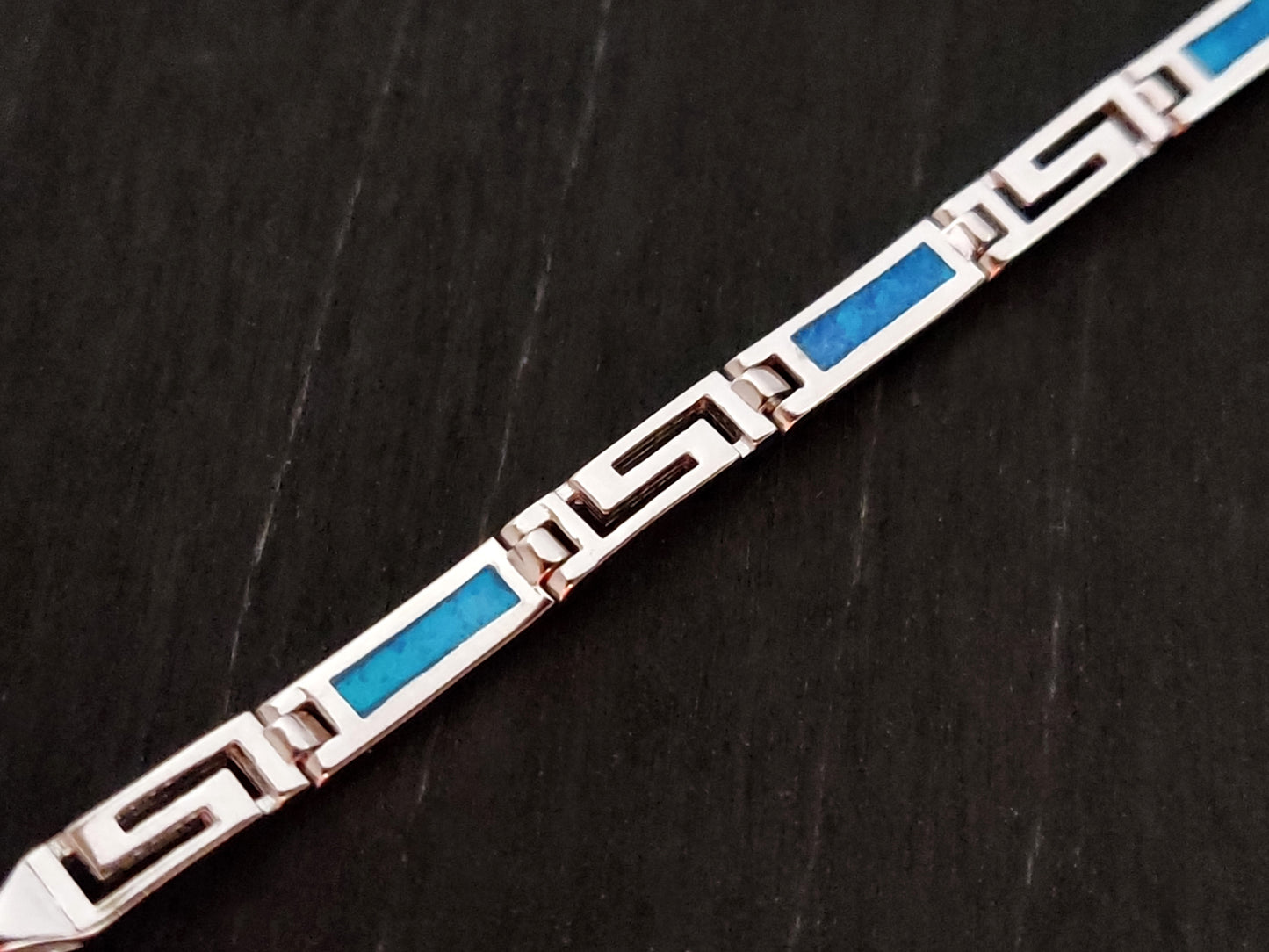 Greek Key Blue Opal Silver Bracelet 4mm
