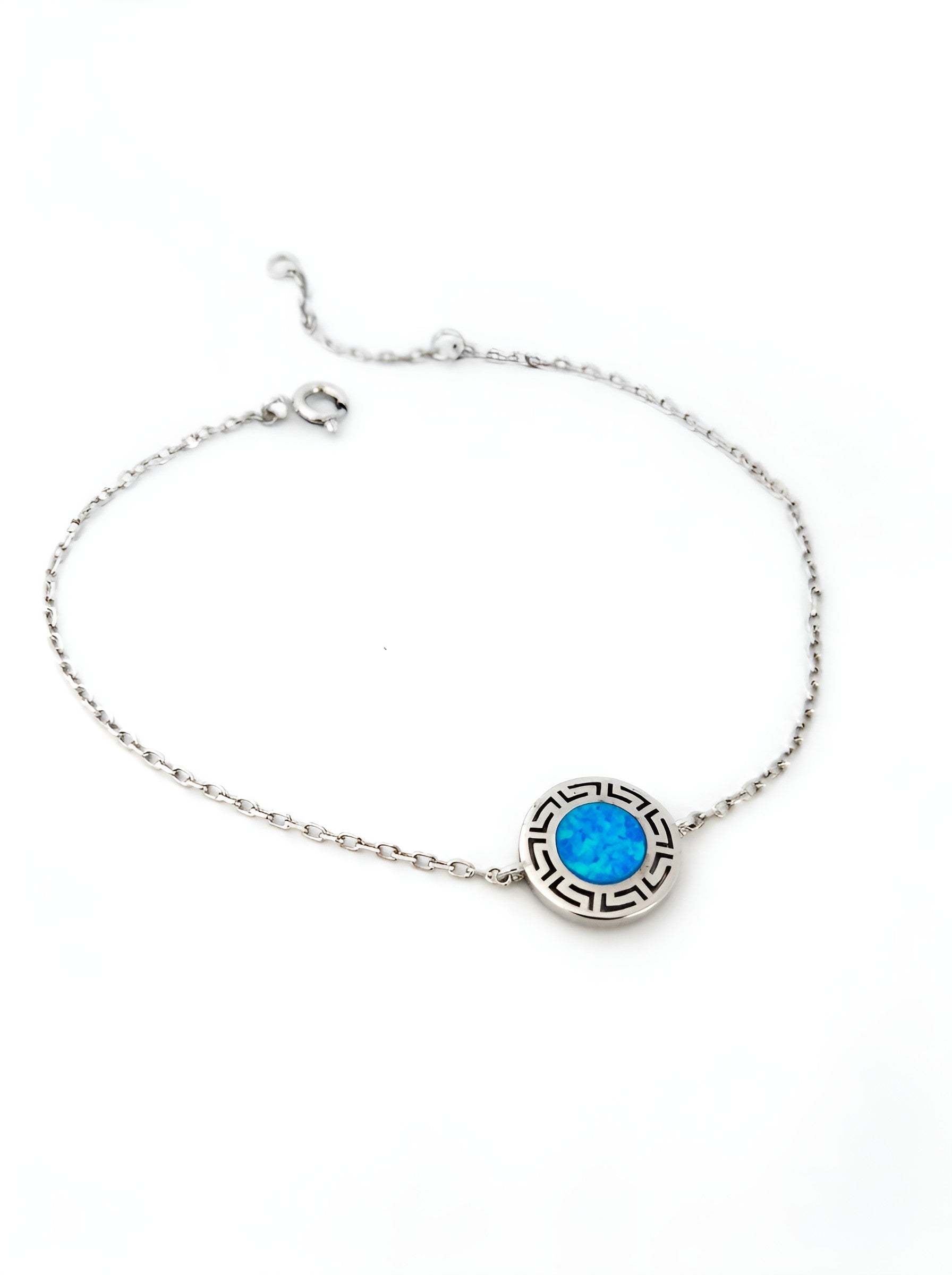 Greek Key Meander sterling silver 925 bracelet with blue opal