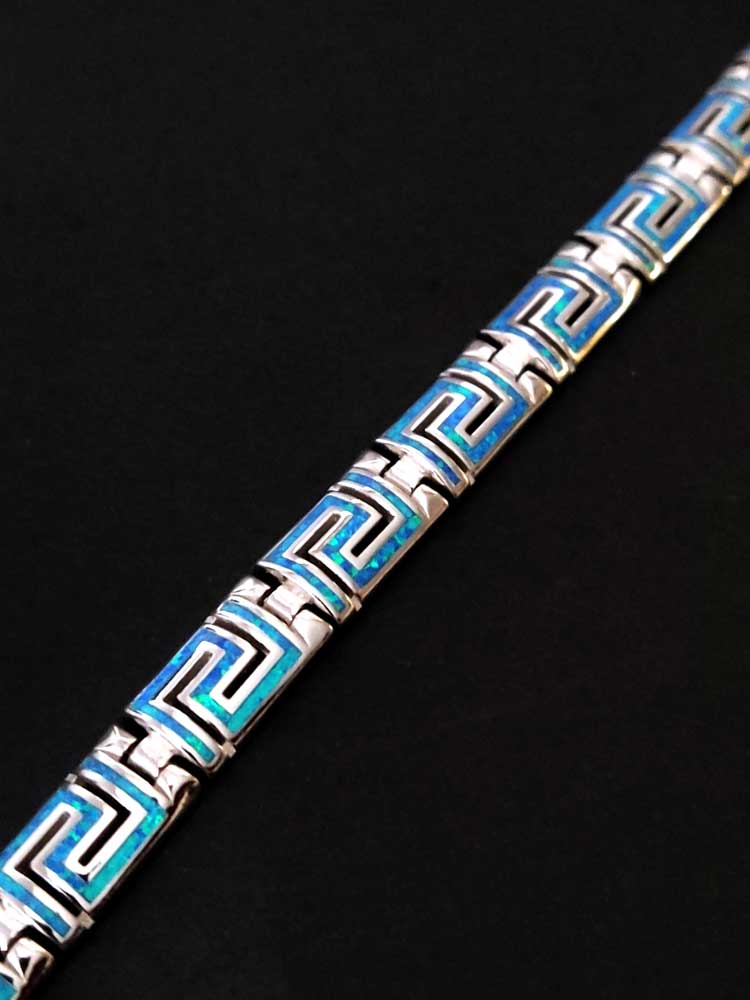 Greek Key Blue Opal Curved Silver Bracelet