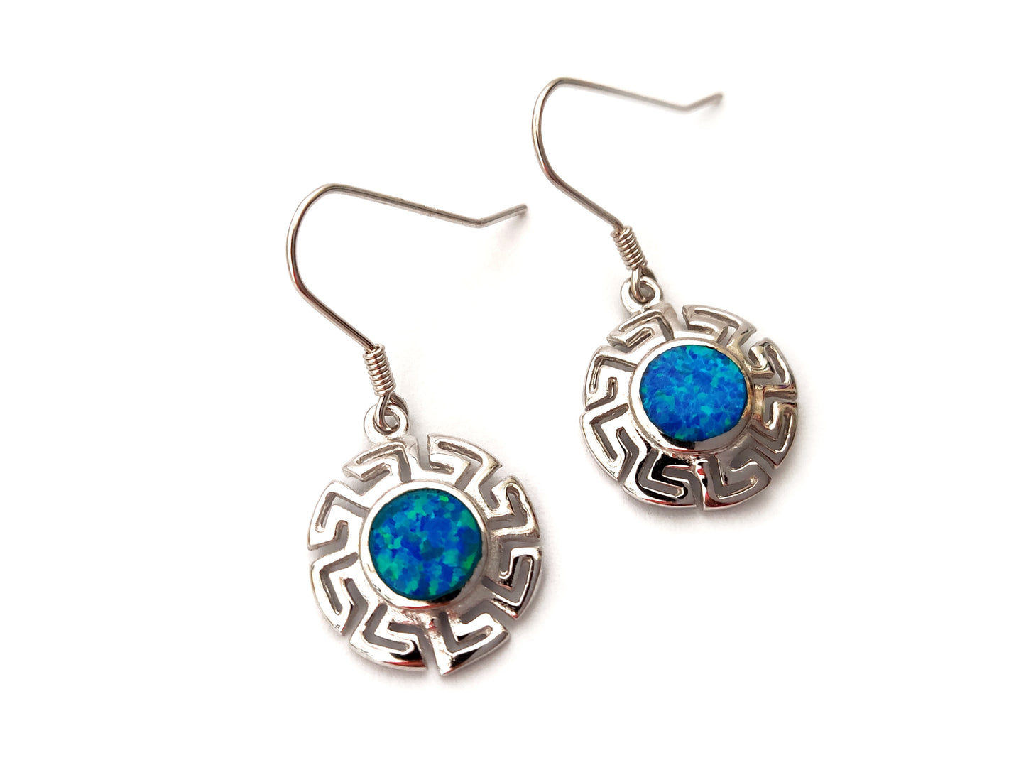 Boucles d'oreilles rondes en opale bleue, clé grecque, 16 mm