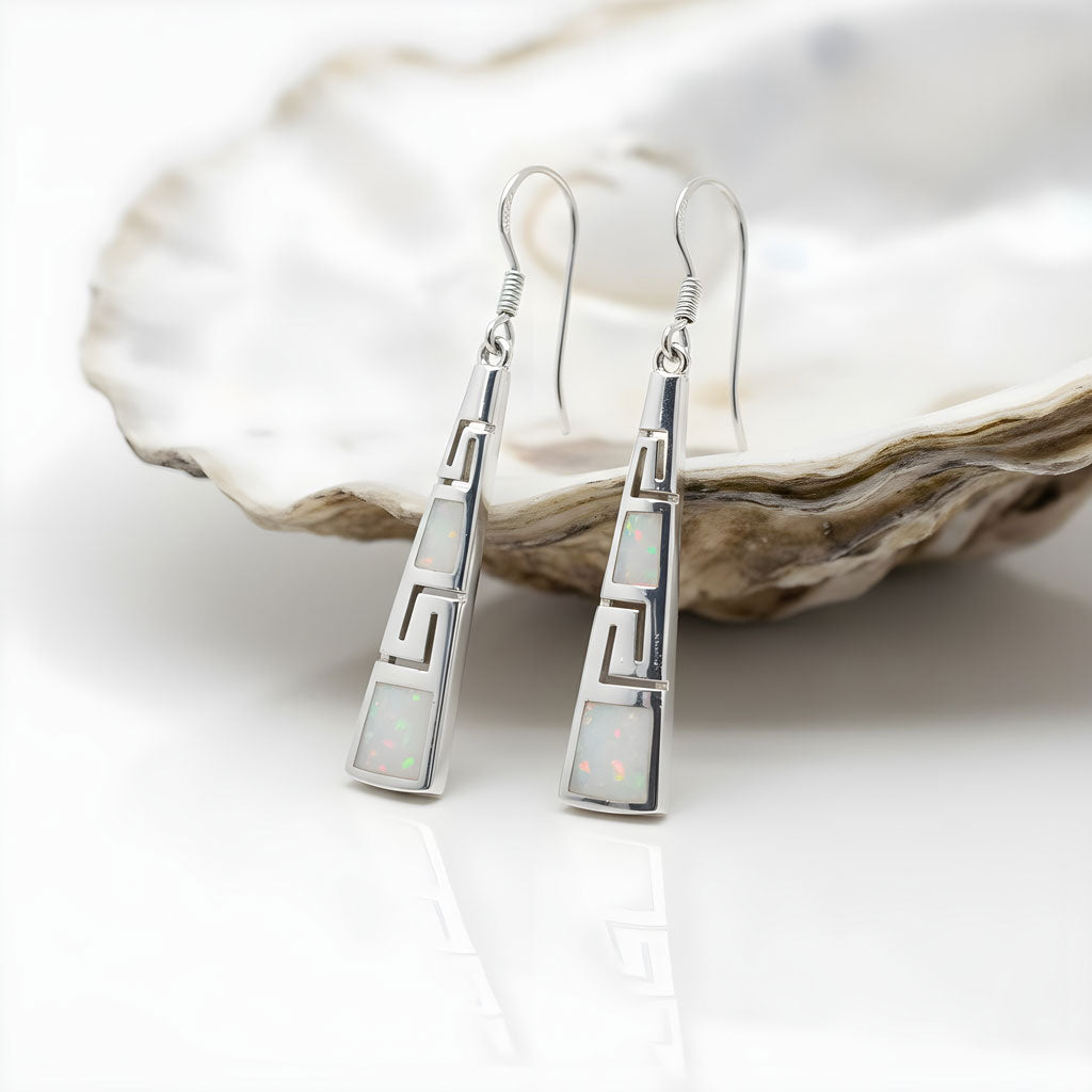 Sterling silver Greek key earrings with white opal stones