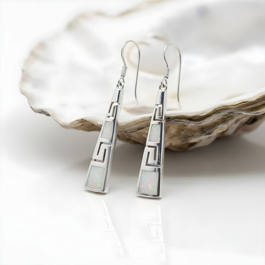 Sterling silver Greek key earrings with white opal stones