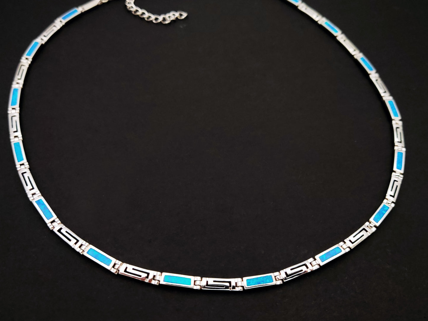 Greek Key Blue Opal Silver Adjustable Necklace