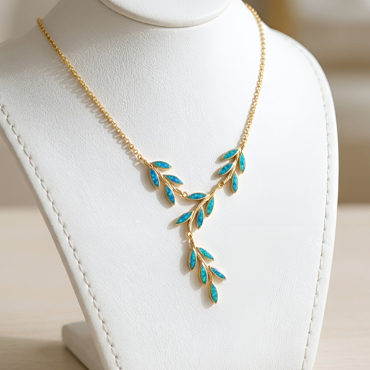 Fire Rainbow Blue Opal Greek necklace with warm 22K gold plated finish