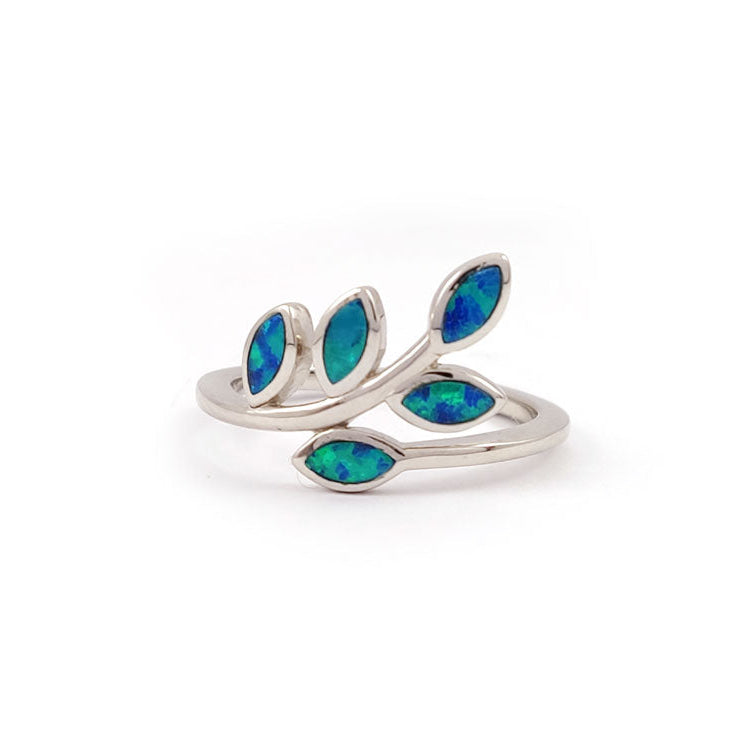 "Sterling silver 925 blue opal ring with olive leaf design handmade in Greece"