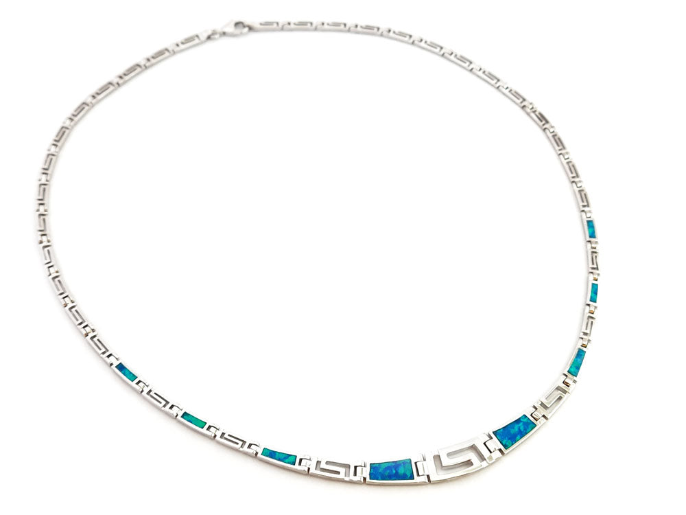 Sterling silver 925 greek key necklace with blue opal stones follows a gradual design and has an adjustable length.