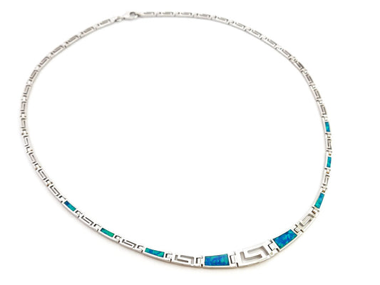 Sterling silver 925 greek key necklace with blue opal stones follows a gradual design and has an adjustable length.
