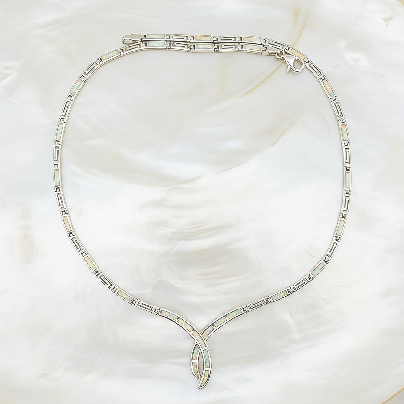 Sterling silver 925 Greek key necklace with white opal stones
