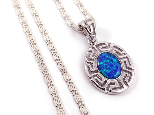 Sterling silver 925 pendant with blue opal stone and Greek key infinity design.
