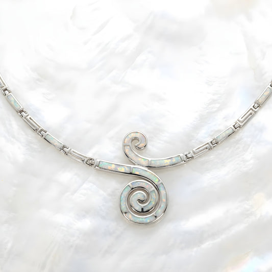 Sterling Silver 925 Greek Key White Opal Silver Necklace