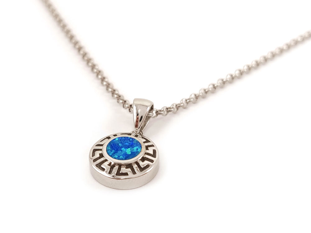 "Handcrafted Sterling Silver 925 Blue Opal Pendant with Greek Key Meander Design, 0.46-inch pendant, made in Greece."
