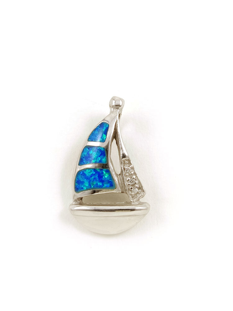 Blue Opal Sailboat Greek Silver Pendant 22x13mm