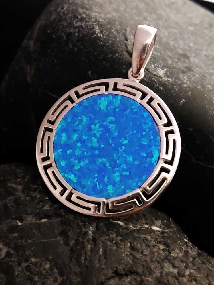 "Sterling Silver 925 Greek Key Meander Pendant with vibrant Blue Opal, hallmarked 925."
