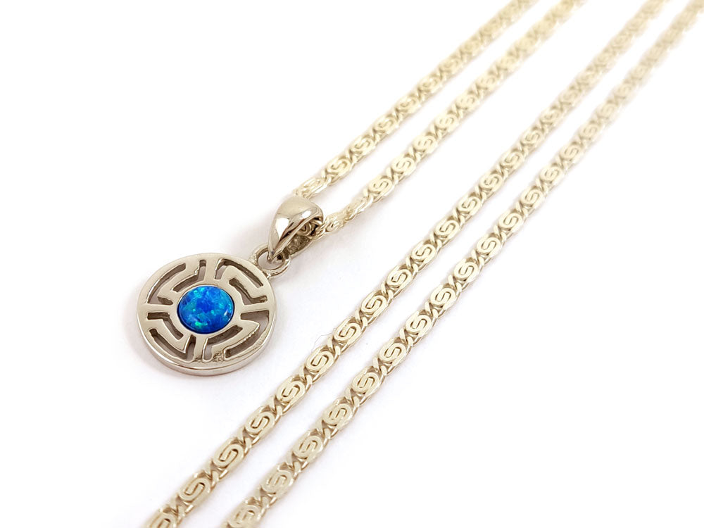 Greek Key Blue Opal Chain Pendant Necklace 13mm