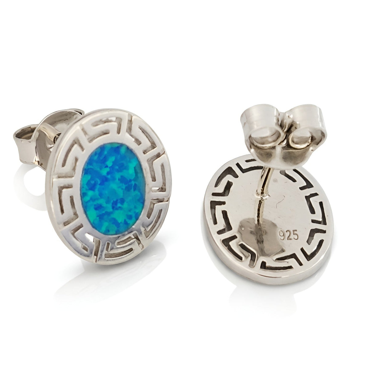 A pair of silver stud earrings with oval blue opal centers and a Greek key border, shown on a clean white background with one earring facing forward and the other showing the back.