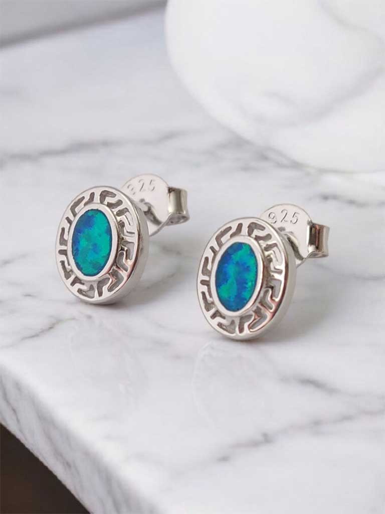 Greek Key Blue Opal Small Oval Silver Earrings 10x8mm
