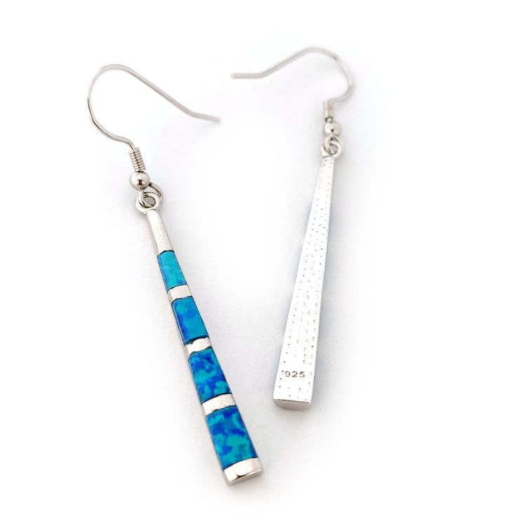 Sterling Silver 925 Blue Opal Stripes Dangle Earrings 37x4mm
