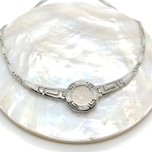 Sterling silver opal Greek key necklace