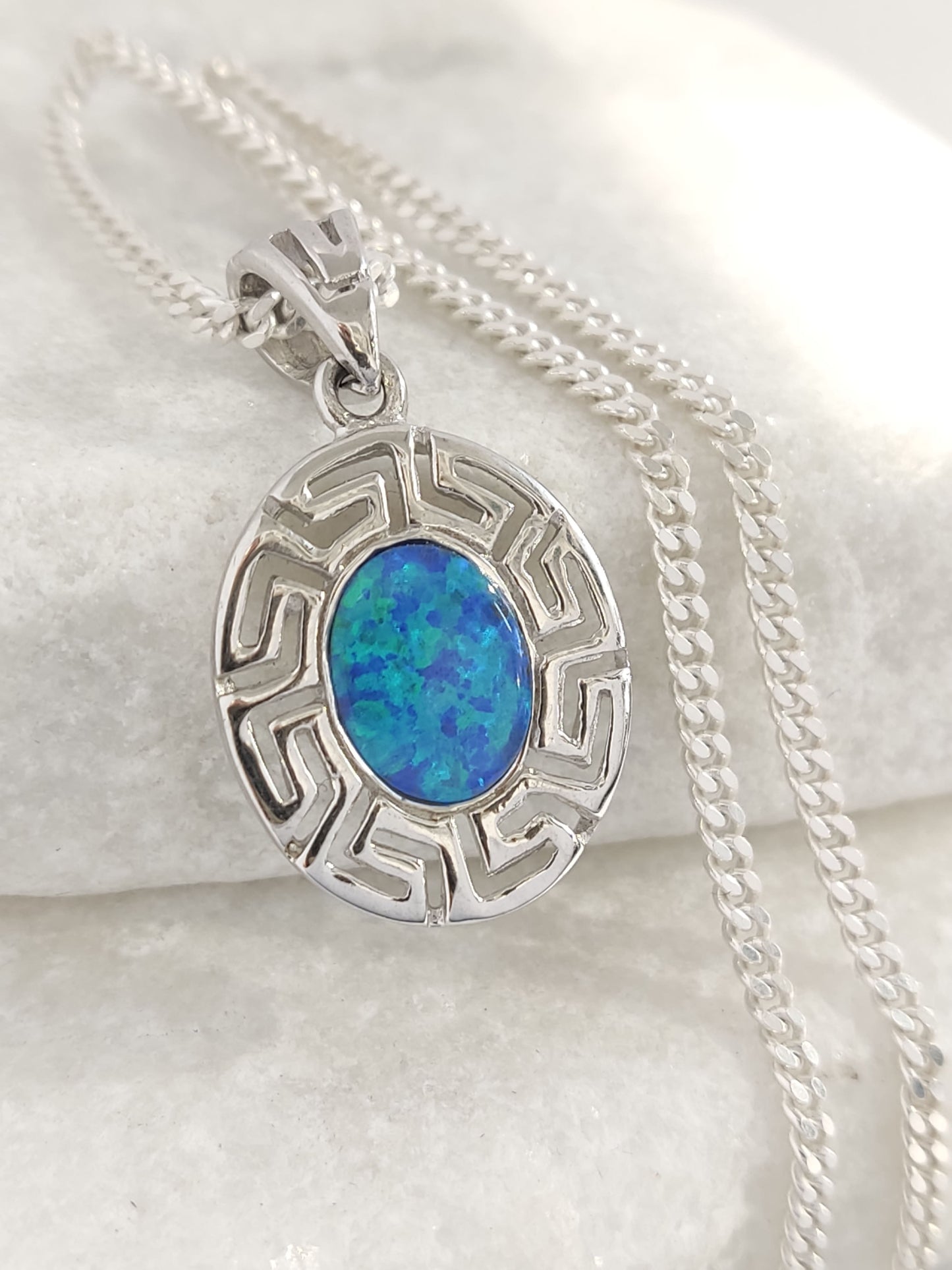 Blue opal oval stone pendant made in Greece