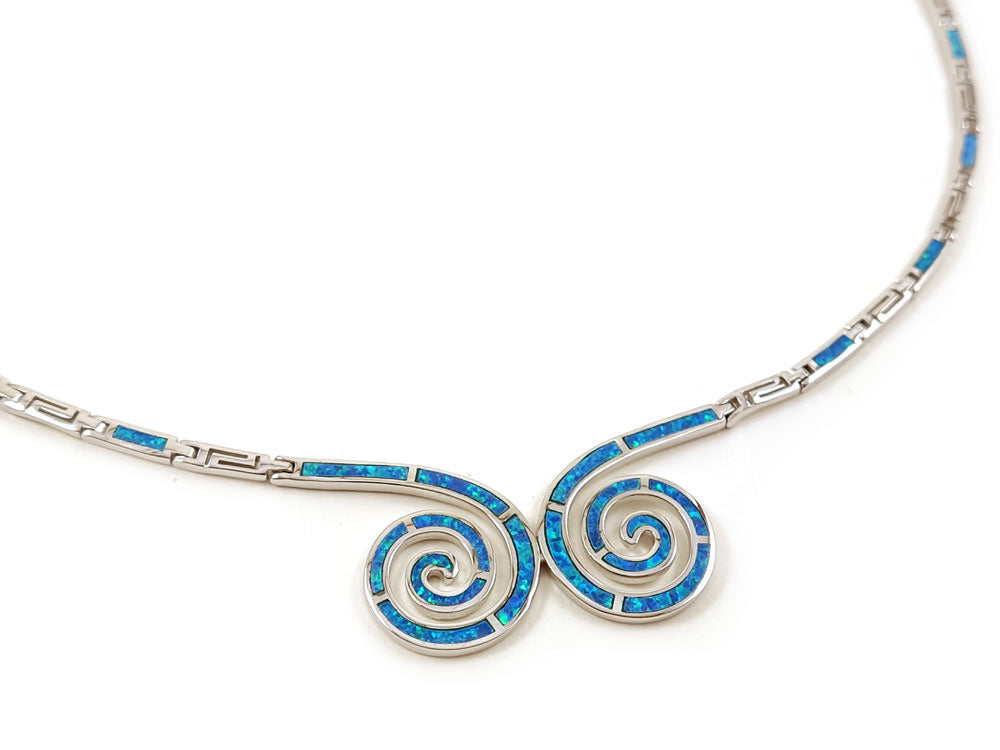 Greek Double Spiral Blue Opal Silver Necklace