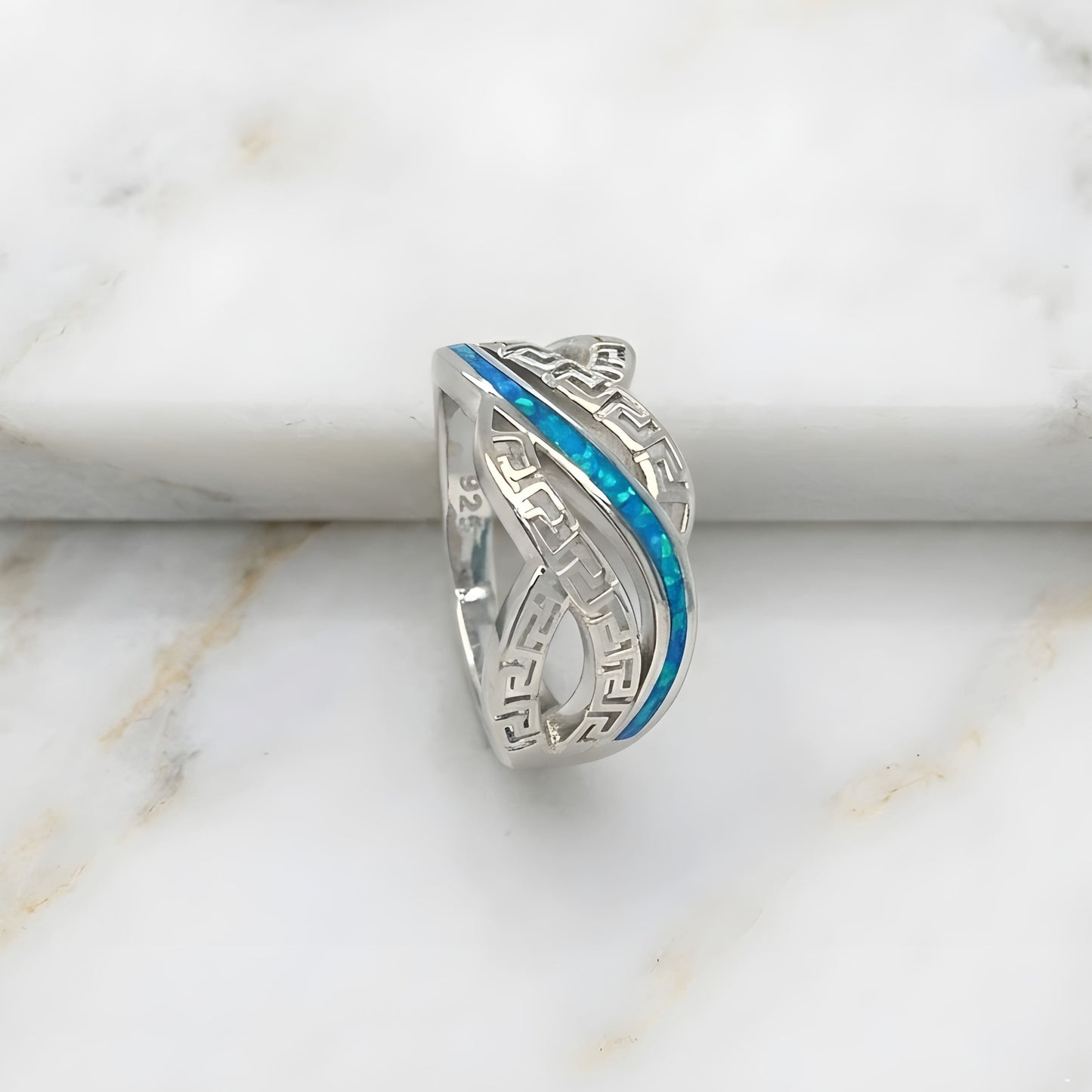 925 sterling silver Greek Key ring with blue opal