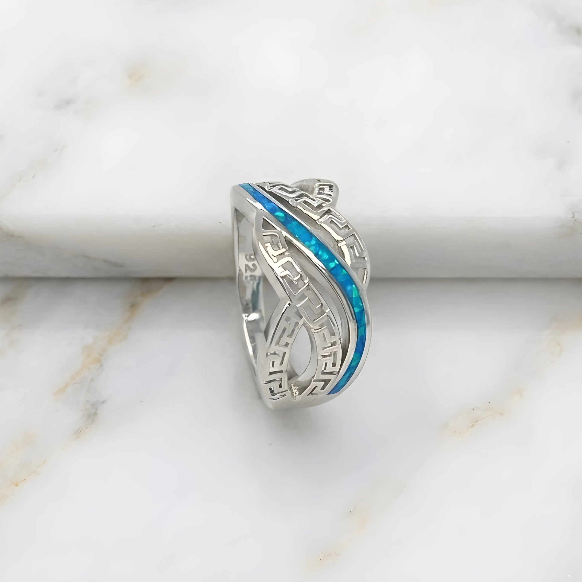 925 sterling silver Greek Key ring with blue opal