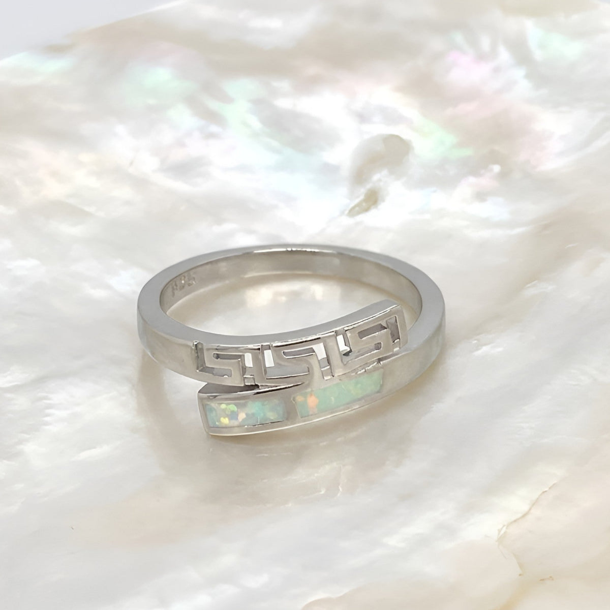 White opal ring with Greek key design made in Greece