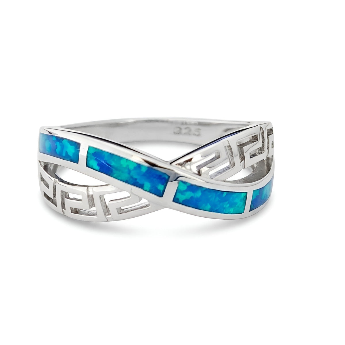 Modern Greek Meander ring with blue opal