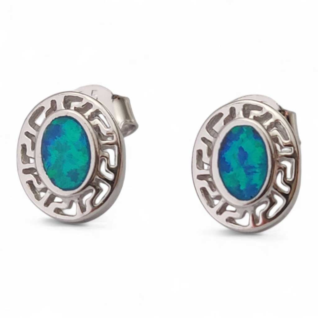 Greek Key Blue Opal Small Oval Silver Earrings 10x8mm