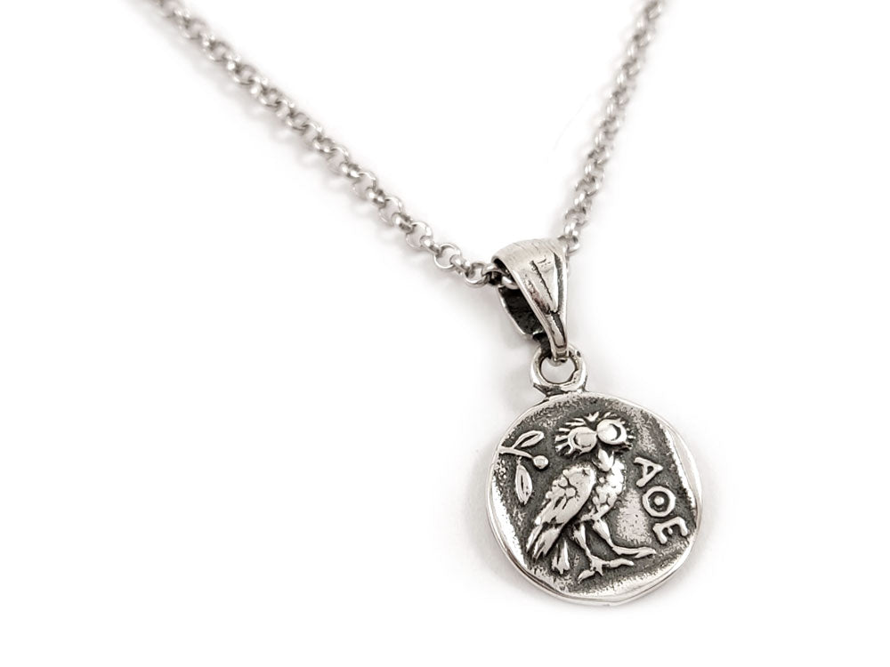 Greek owl and athena silver pendant measuring 13mm on stylish silver chain of 2mm width.
