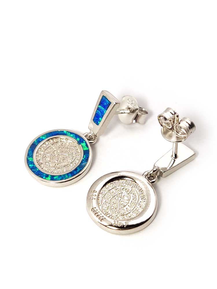 “925 hallmarked sterling silver Greek design dangle earrings with opal stones”